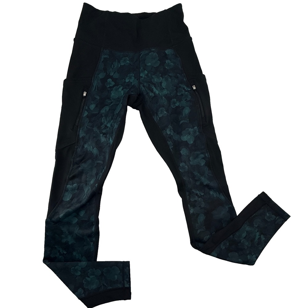 Athleta Womens XS Leggings Black Green Floral Ankle Pockets High Rise Yoga Pants